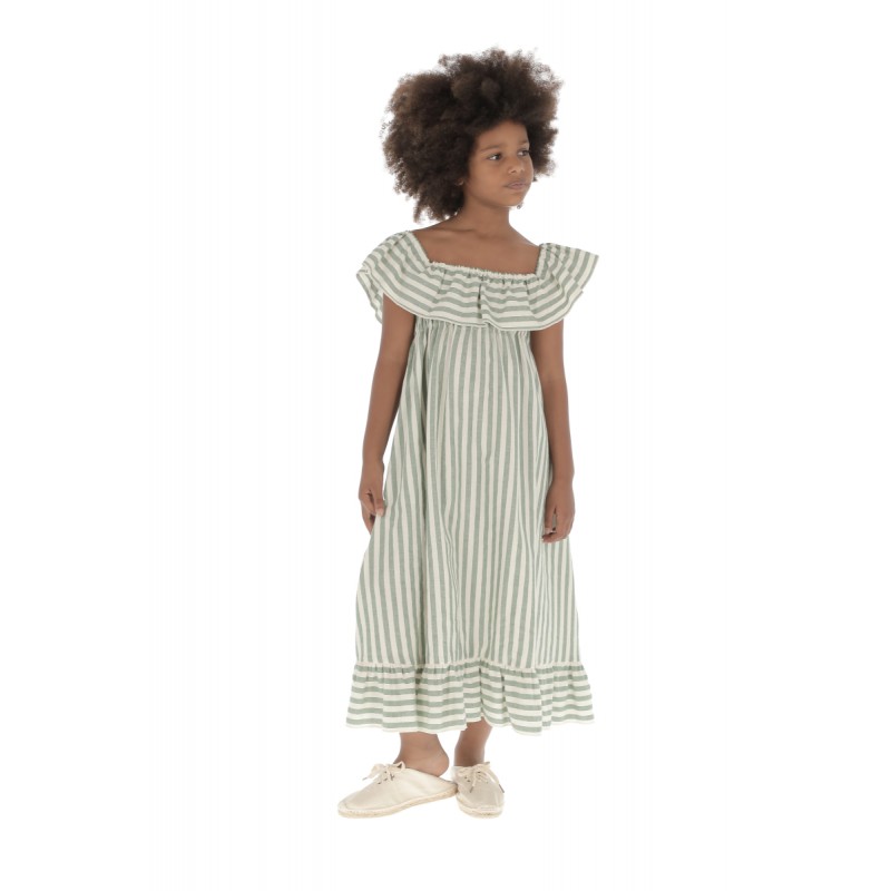 Dress LONG RUFFLES STRIPES - Green Wide Stripe