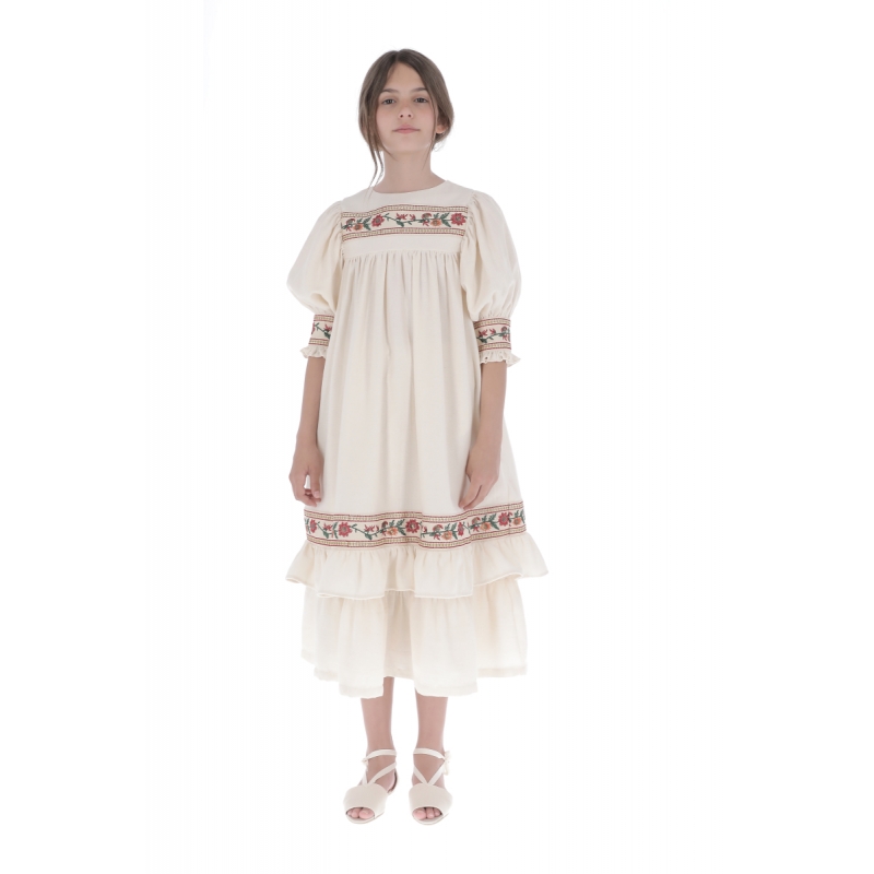 V01- Dress EMBROIDERED BORDER - Ecru